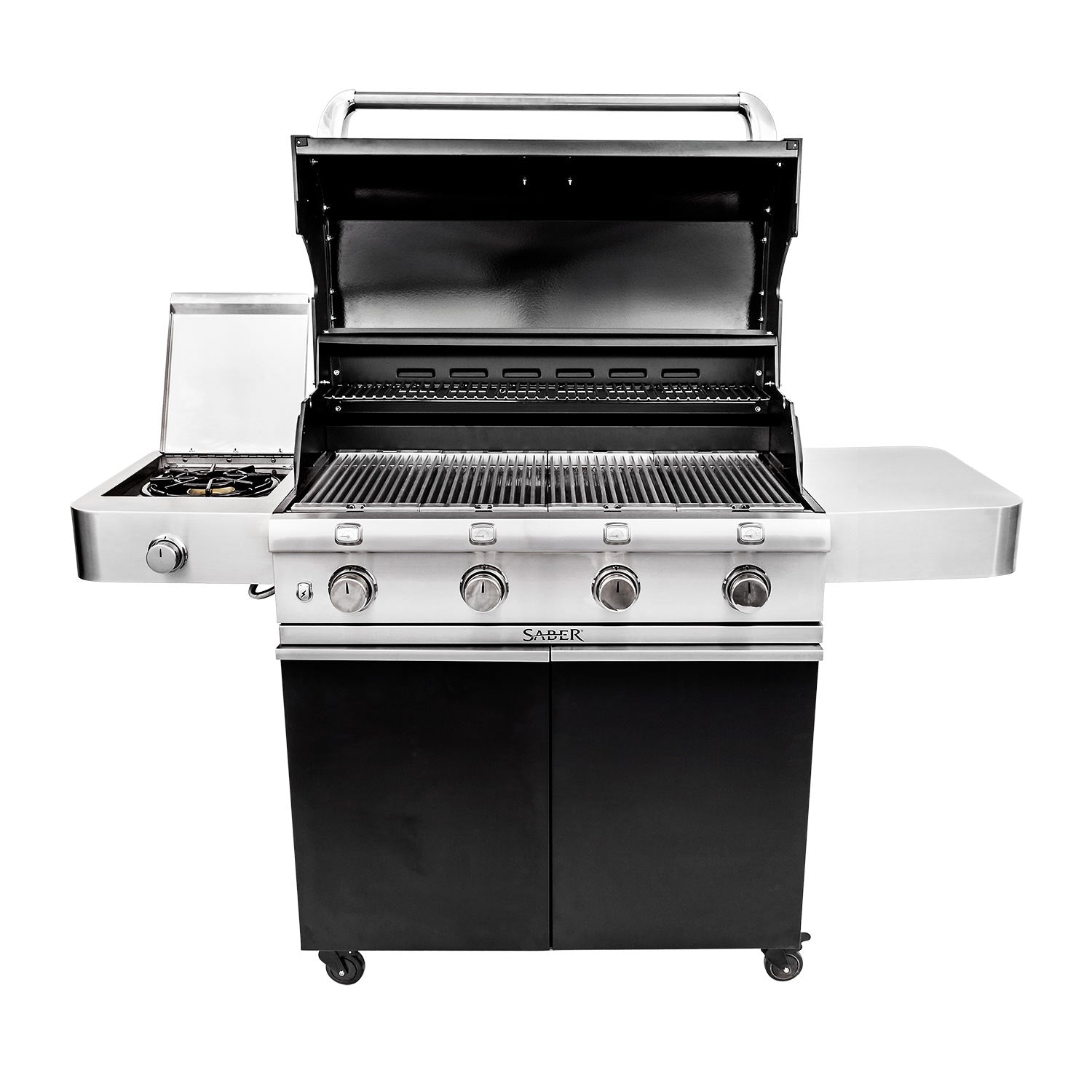 Black freestanding infrared grill, lid open with cooking grates and control knobs