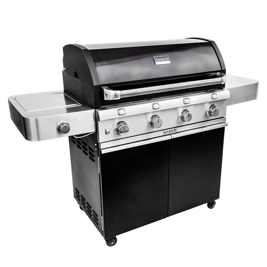Black infrared grill with stainless side shelf and control knobs, lid closed