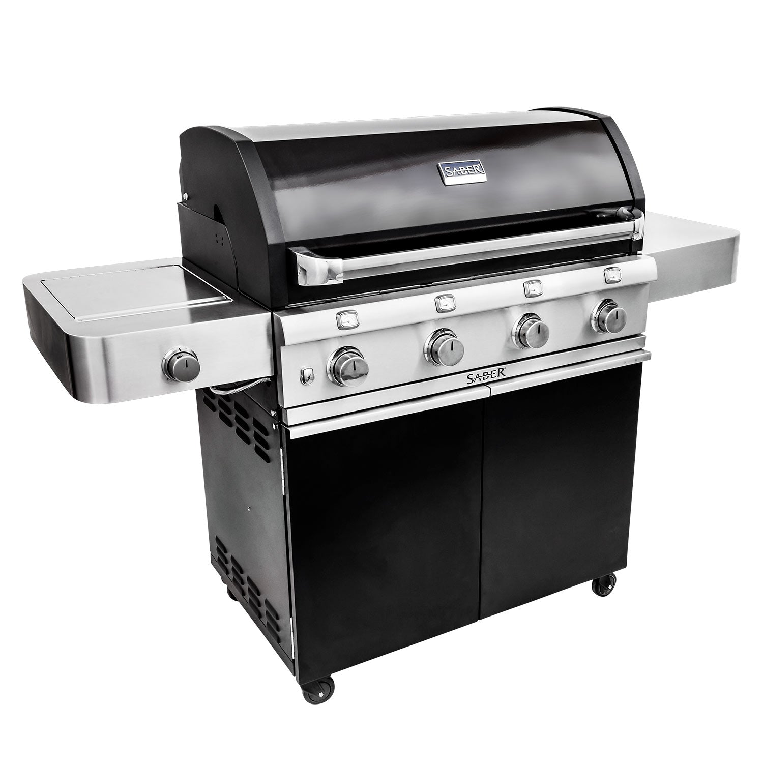 Black infrared grill with stainless side shelf and control knobs, lid closed