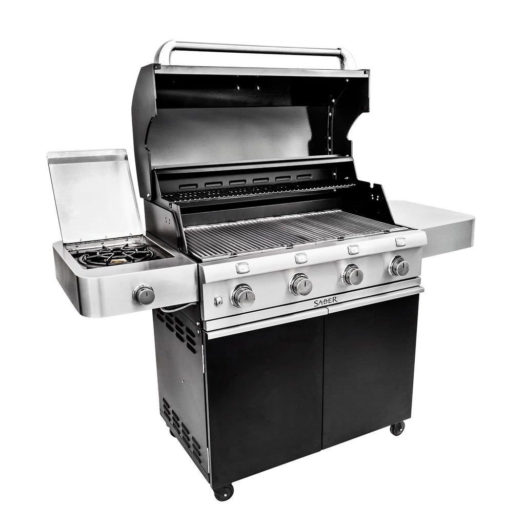 Black infrared grill, lid open to reveal stainless interior and control knobs