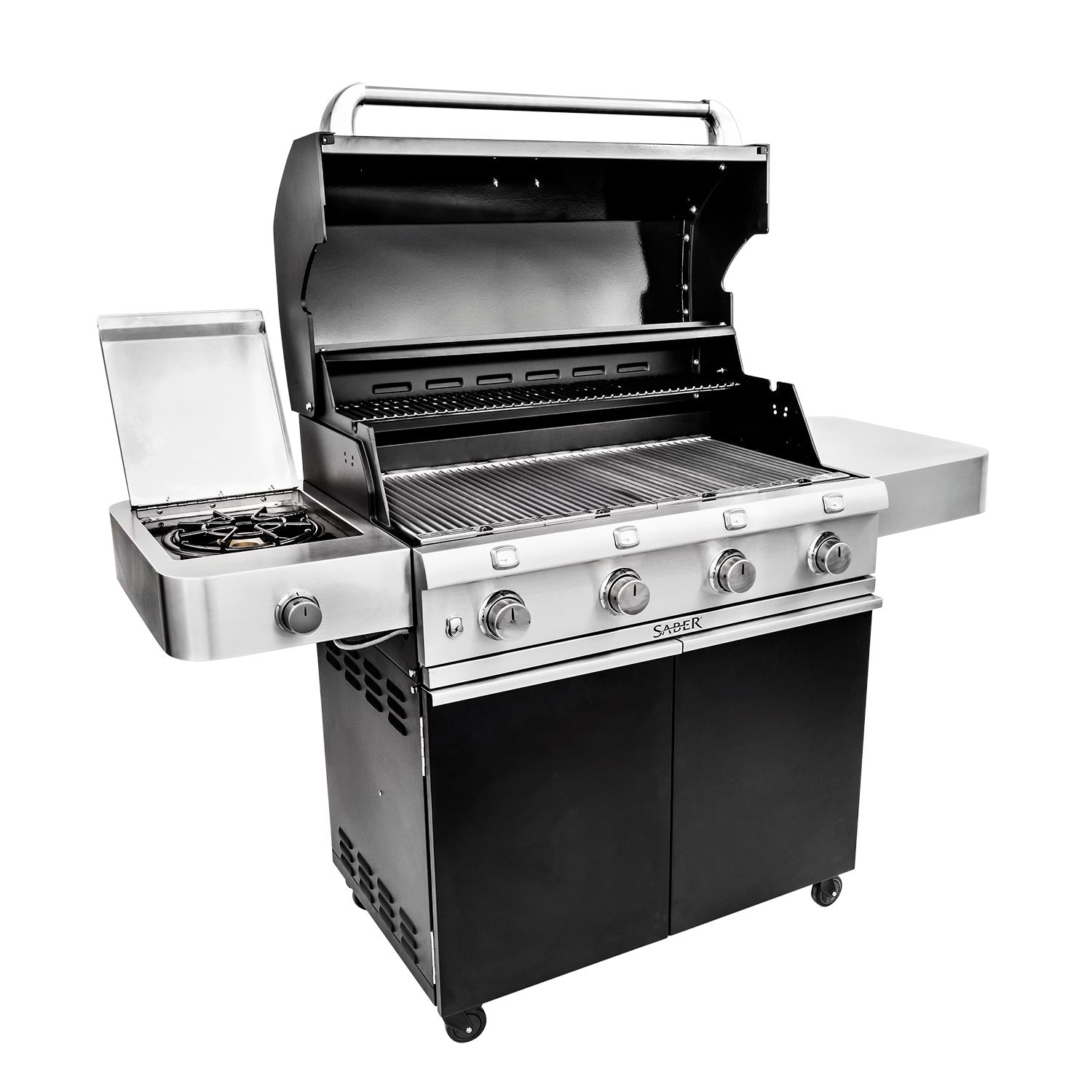 Black infrared grill, lid open to reveal stainless interior and control knobs