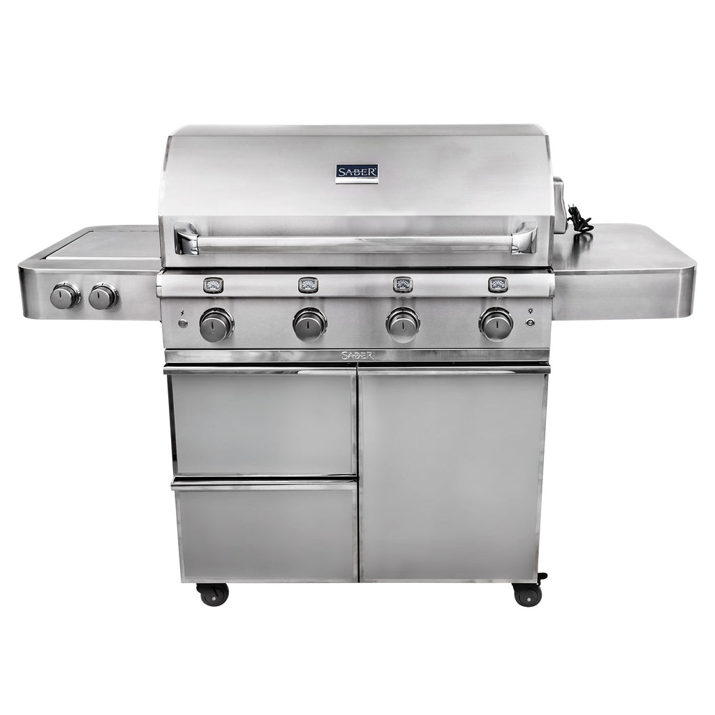 Stainless steel 4-burner infrared grill with control knobs and cabinet doors