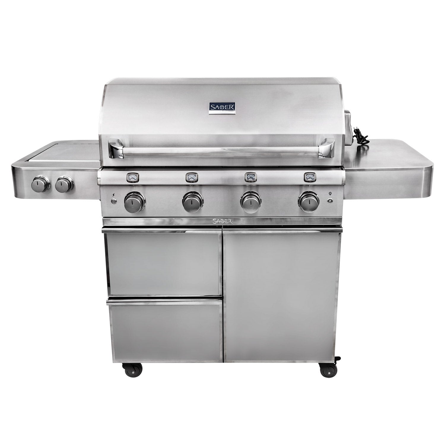Stainless steel 4-burner infrared grill with control knobs and cabinet doors
