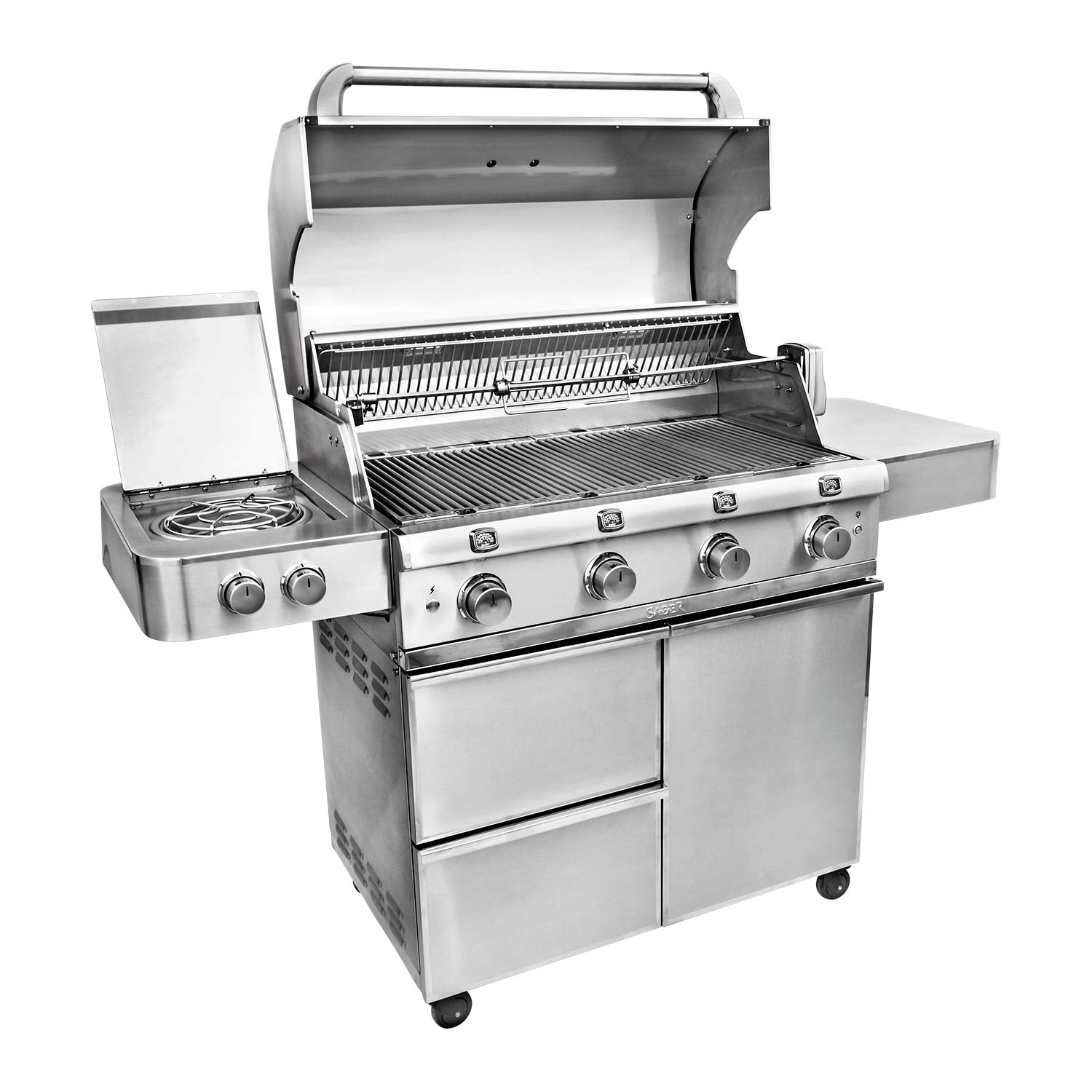 Stainless steel infrared grill with open hood, main grates, and side burner