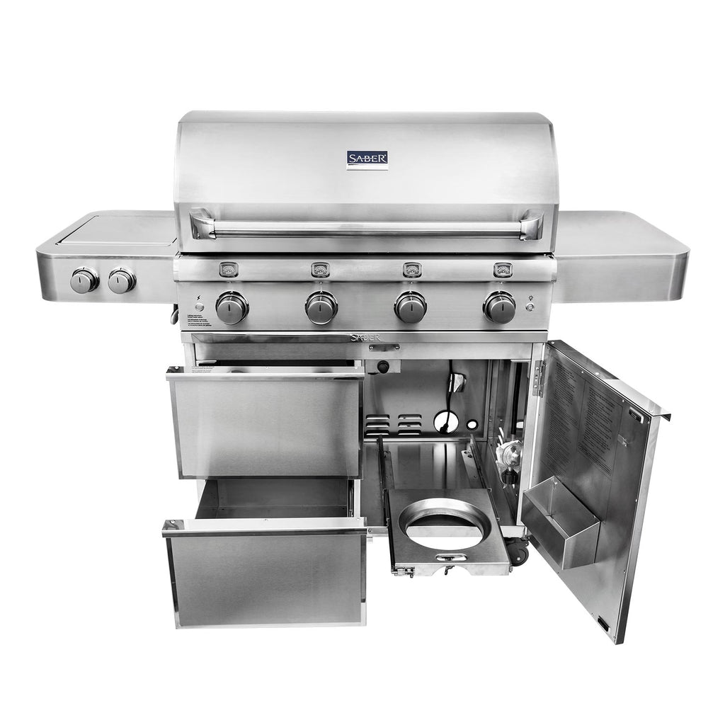 Stainless steel infrared grill with open side compartment and control panel