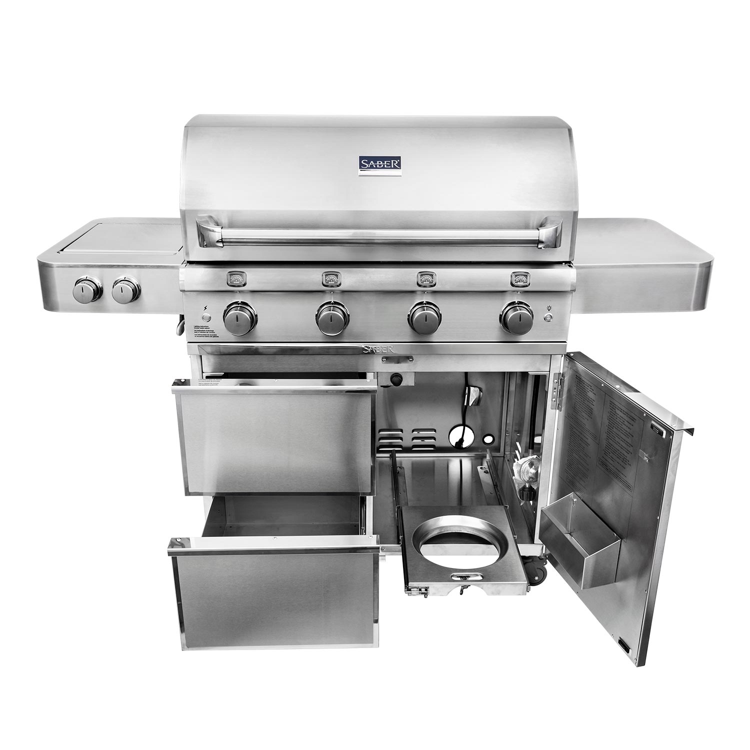 Stainless steel infrared grill with open side compartment and control panel