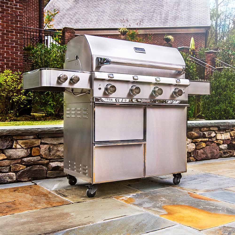 Stainless steel freestanding infrared grill with side shelves and control knobs