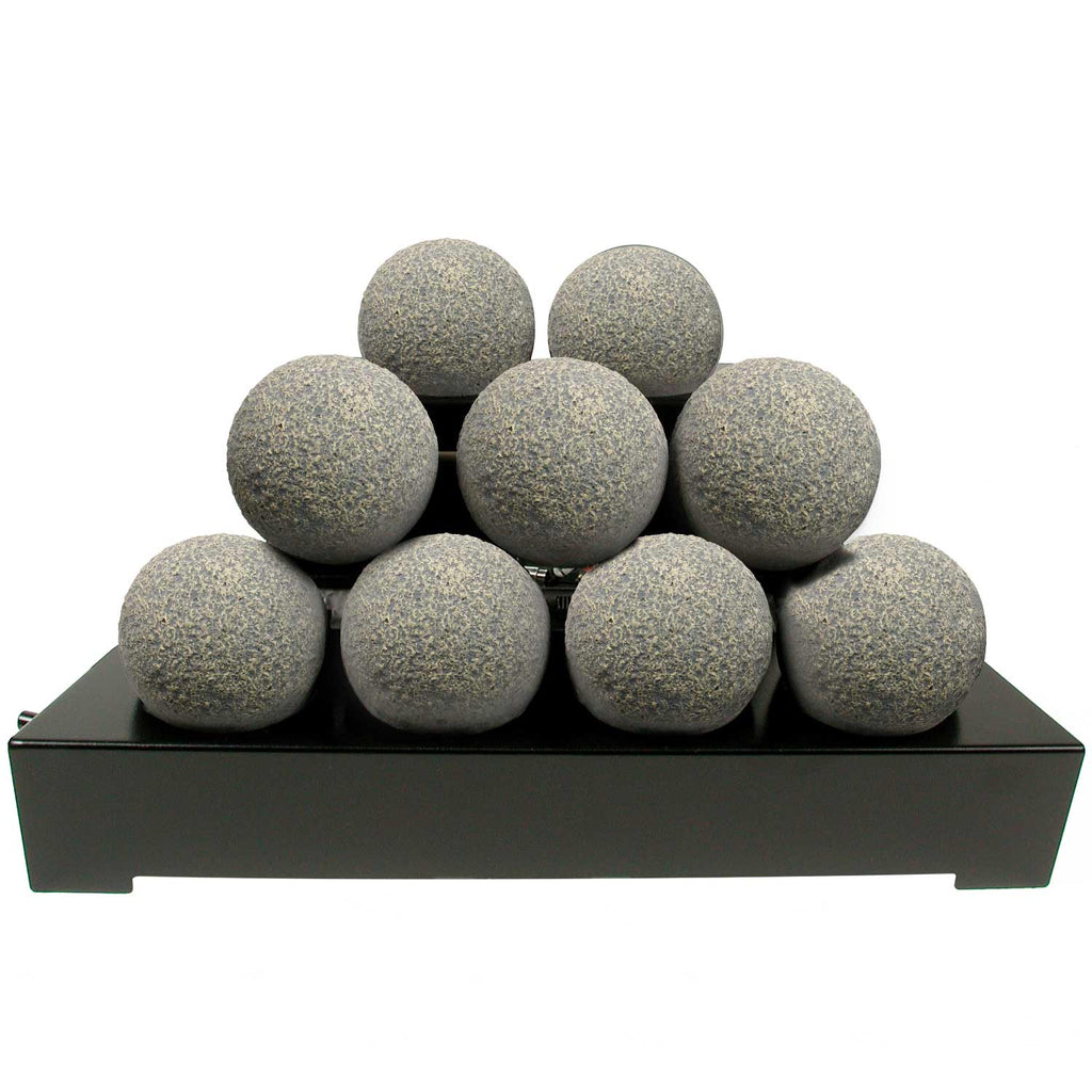 Gray speckled fireballs on black ventless burner base