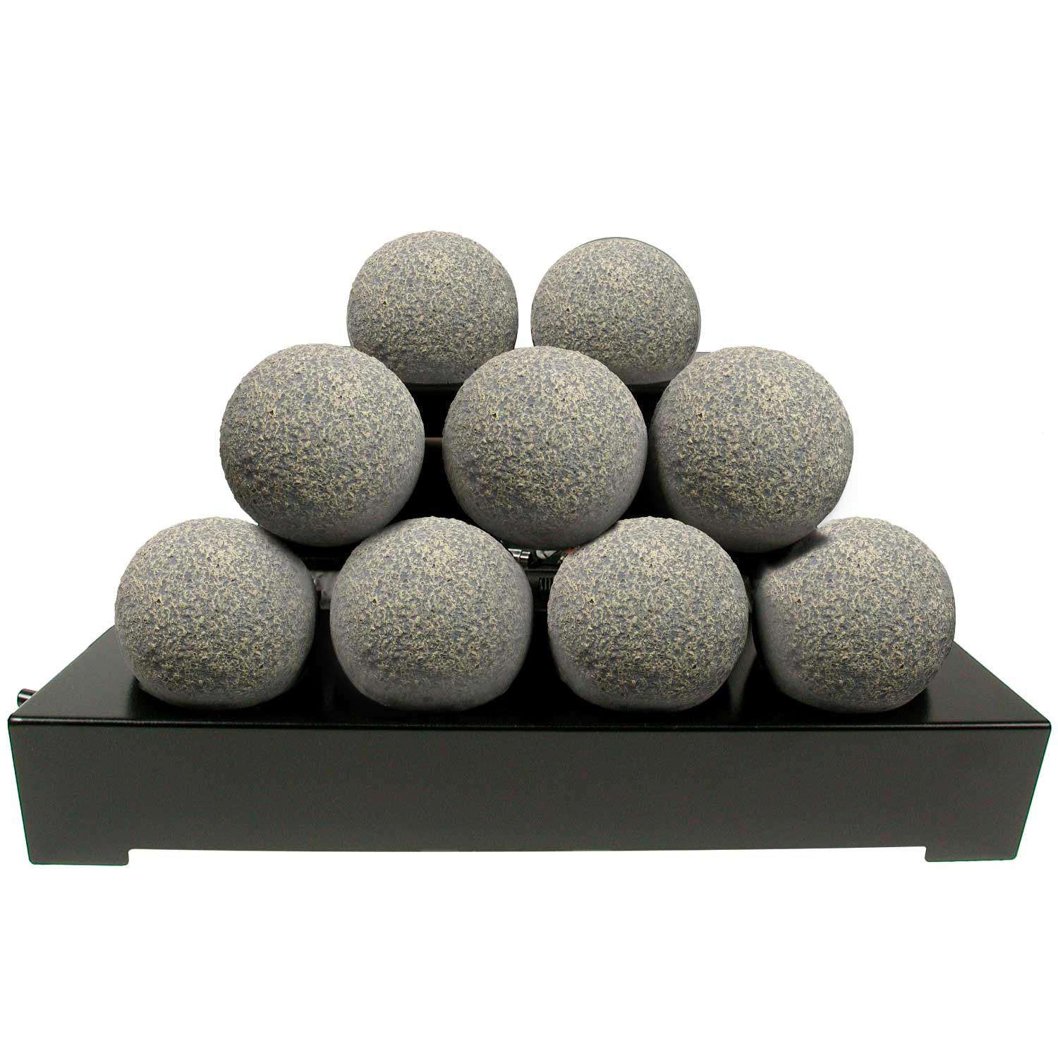 Gray speckled fireballs on black ventless burner base