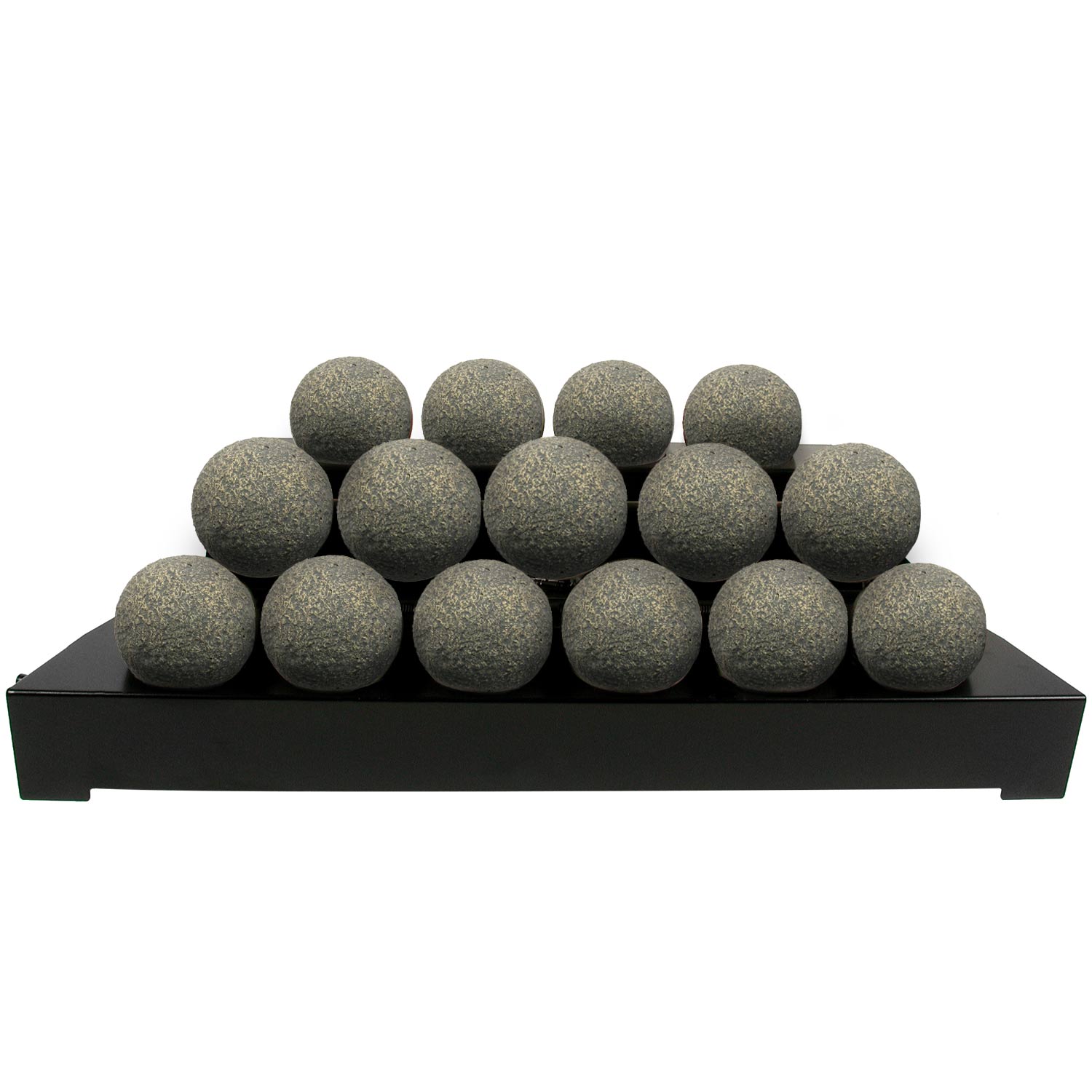 Ventless fireball burner kit with speckled gray round fireballs on black tray