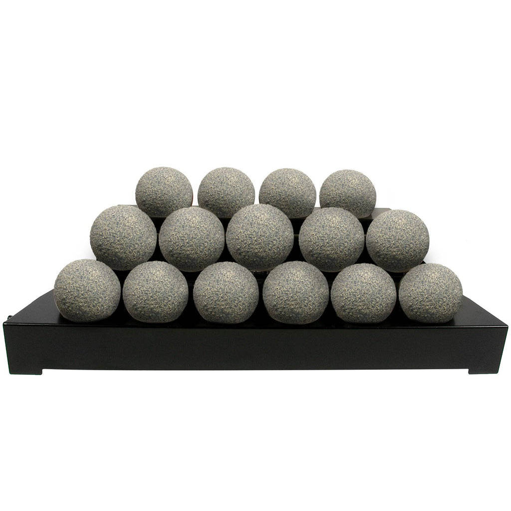 Ventless fireball burner kit with speckled light gray round fireballs on black tray