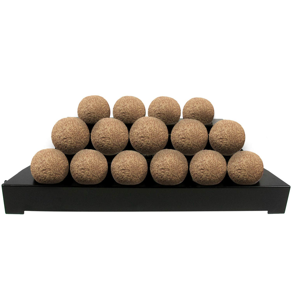 Ventless fireball burner kit with tan brown round fireballs on black tray