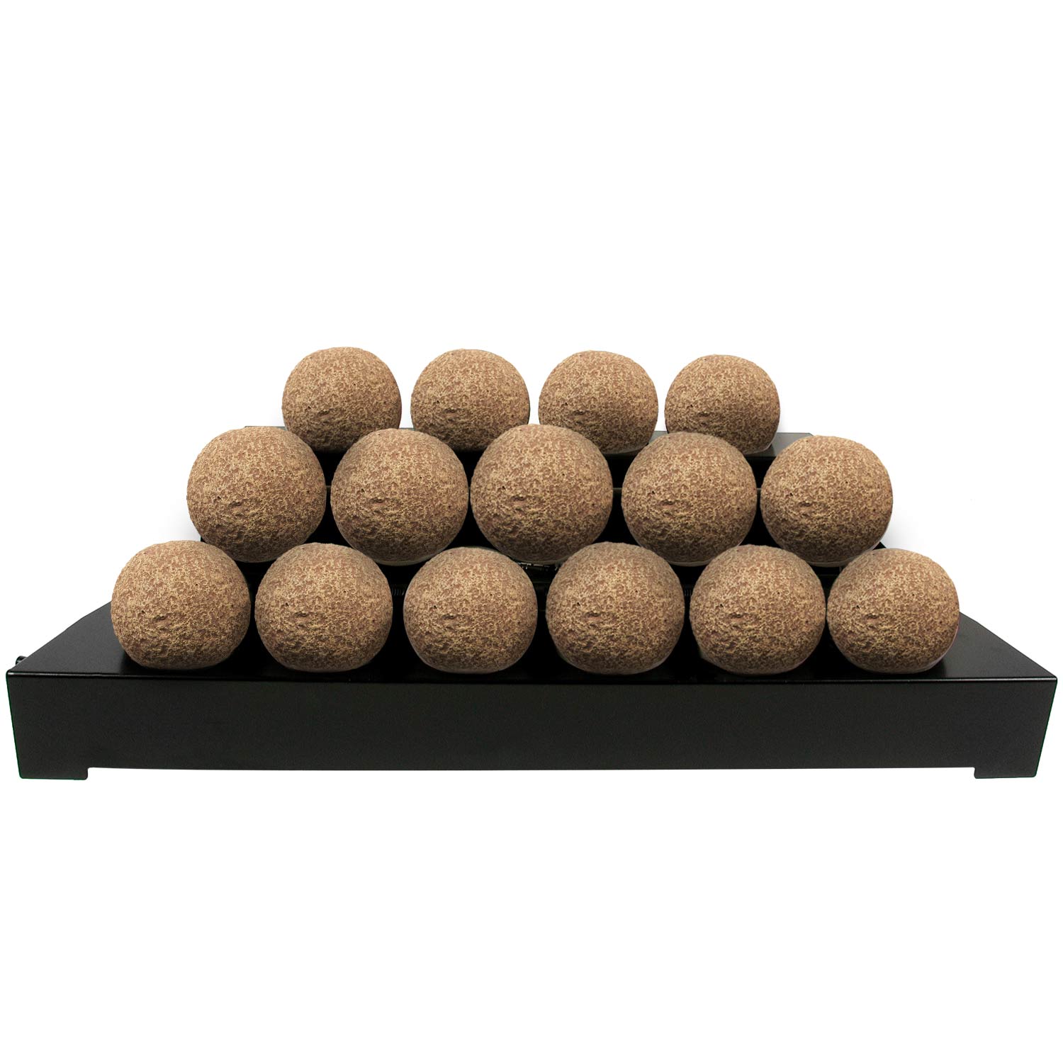 Ventless fireball burner kit with tan brown round fireballs on black tray