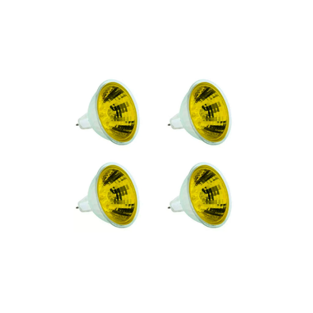 Halogen light bulbs 4-pack with yellow glass and white base, shown as four units