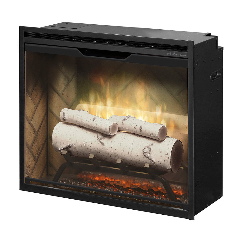 Electric fireplace insert with white faux birch logs and flickering yellow flames in a black frame