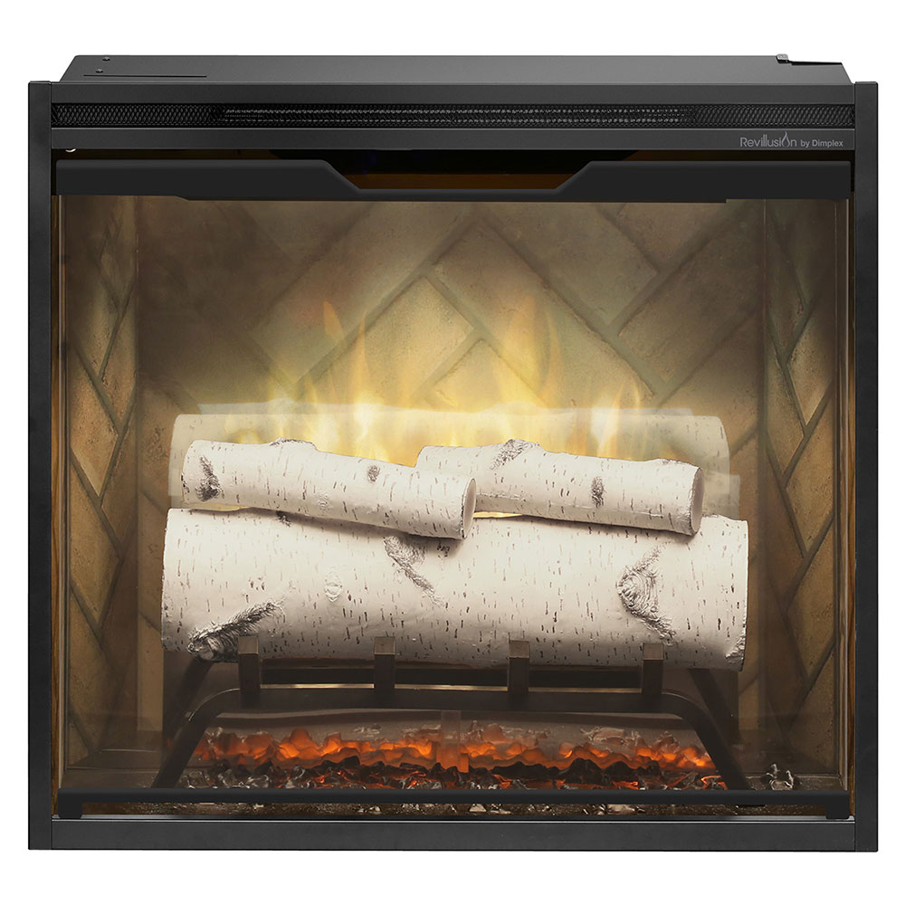 Electric fireplace insert with herringbone back panel, whitewashed logs and glowing embers