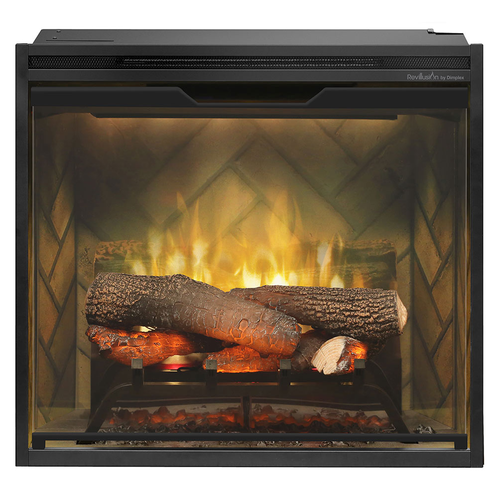 Black electric fireplace insert with dark stacked logs, ember bed, and yellow flames