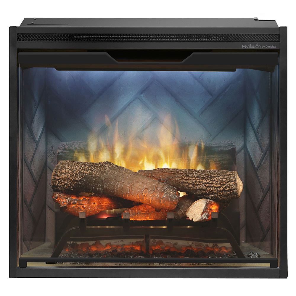 Electric fireplace insert with dark faux logs and bright orange flames behind a black frame