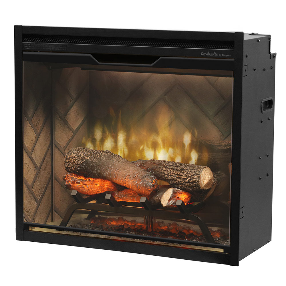 Electric fireplace insert with dark faux logs and glowing orange flames, shown from the side