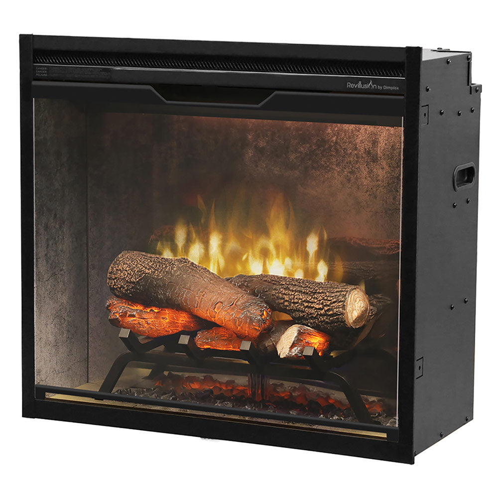 Electric fireplace insert with black frame and glowing log-style fire view