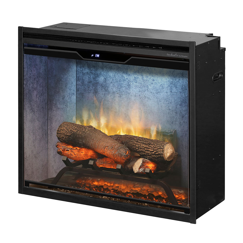 Electric fireplace insert with blue-toned back panel and log-style flame effect