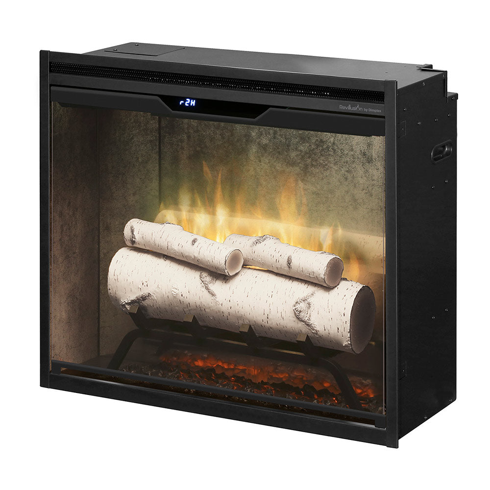 Black electric fireplace with artificial log set and glowing flame effect in window