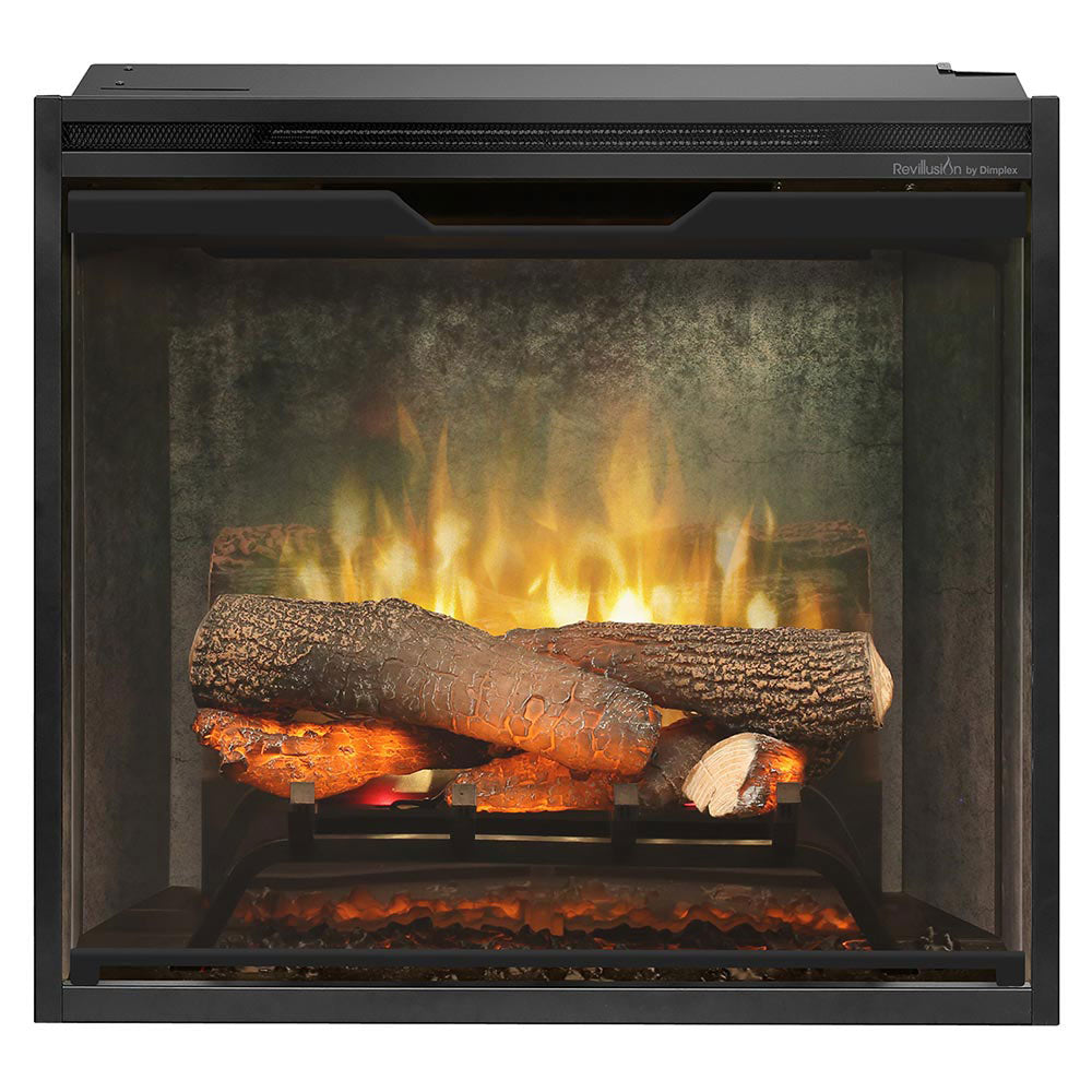 Electric fireplace insert with black frame and glowing log-style fire display