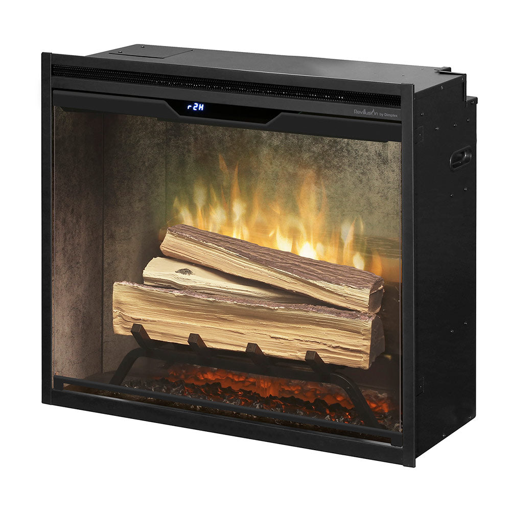 Black electric fireplace with stacked artificial wood logs and flame glow in window