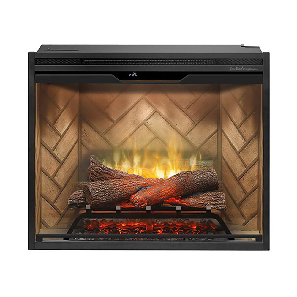 Electric fireplace with glass front, faux log fire and herringbone back panel