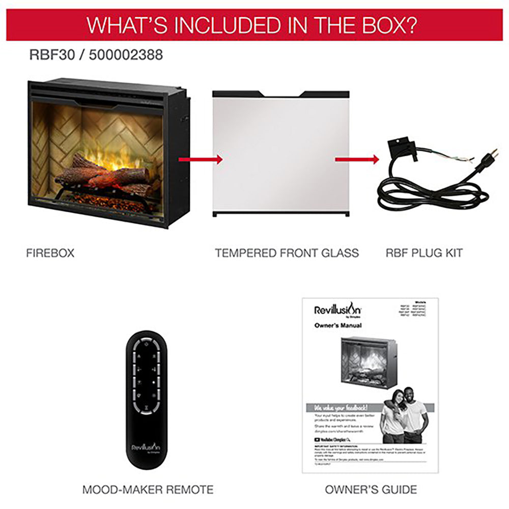 Electric fireplace kit contents: firebox, tempered glass, plug kit, remote, owner guide