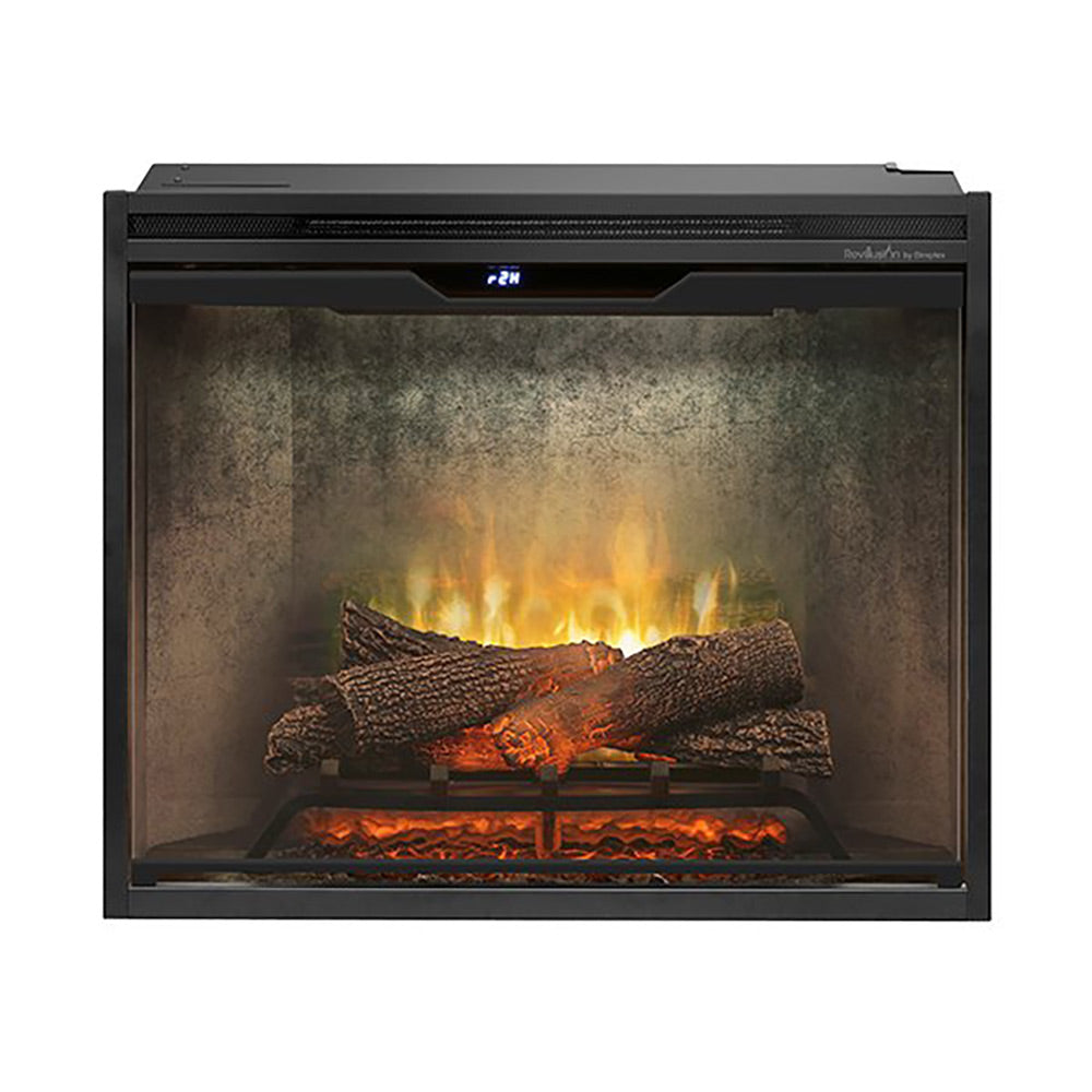 Electric fireplace with glass front, burning log set and flickering flame effect behind glass