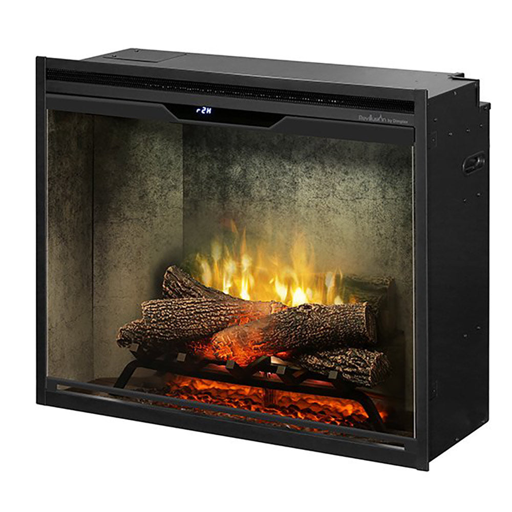 Electric fireplace with glass viewing panel and glowing flame over dark log arrangement