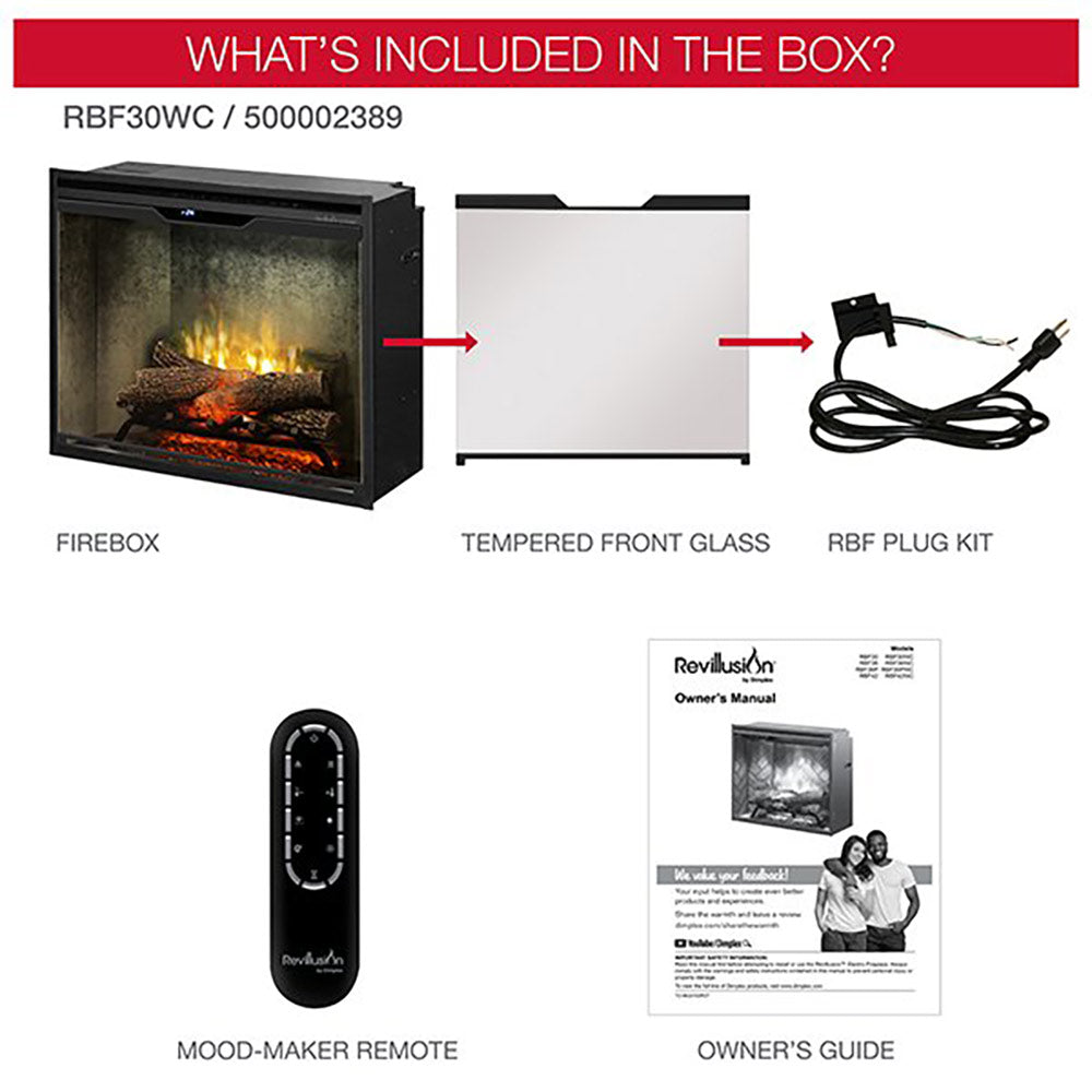 Electric fireplace box contents: firebox, tempered glass, plug kit, remote and owner’s guide