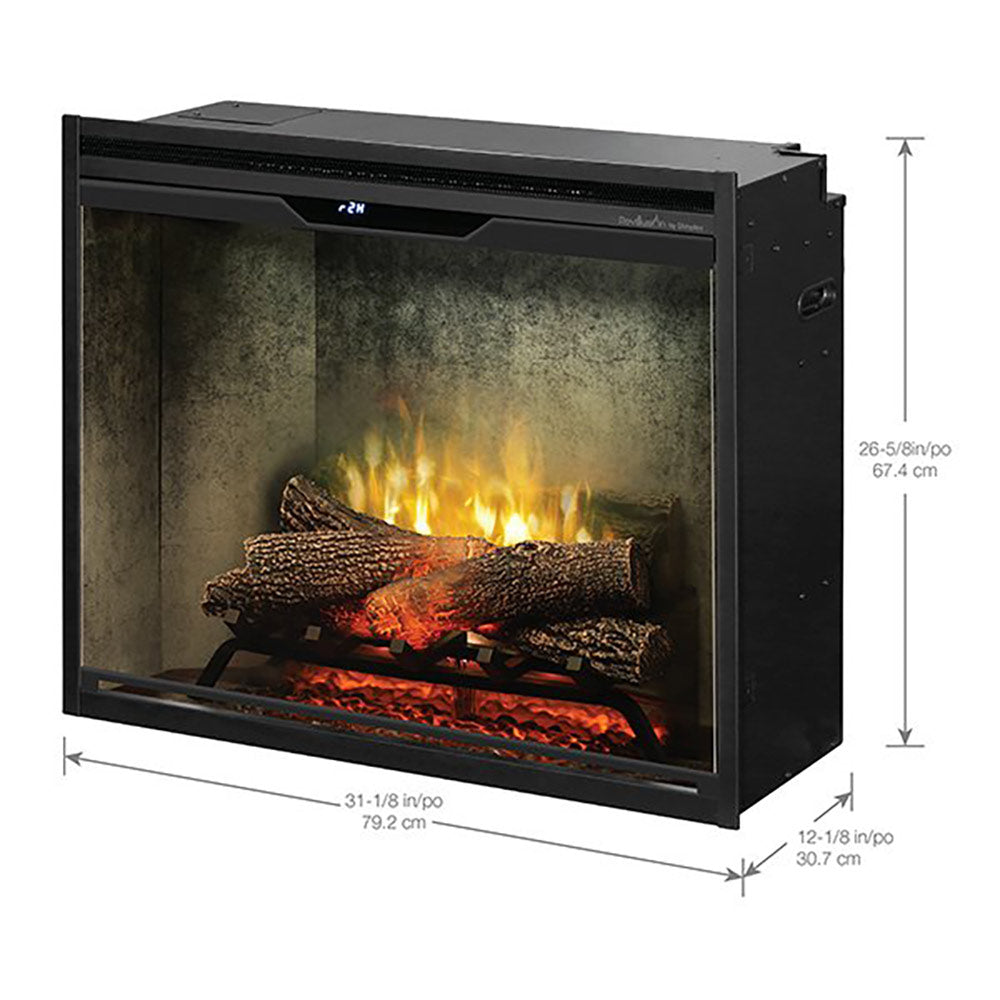 Electric fireplace with glass front and burning logs; side view with cabinet dimensions shown