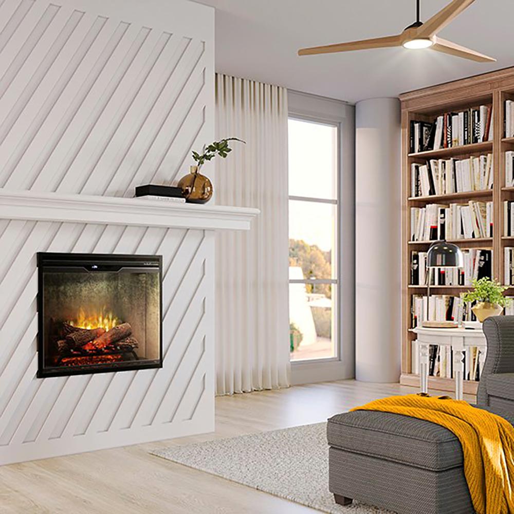 Wall-mounted electric fireplace with glass front showing burning logs and flame glow