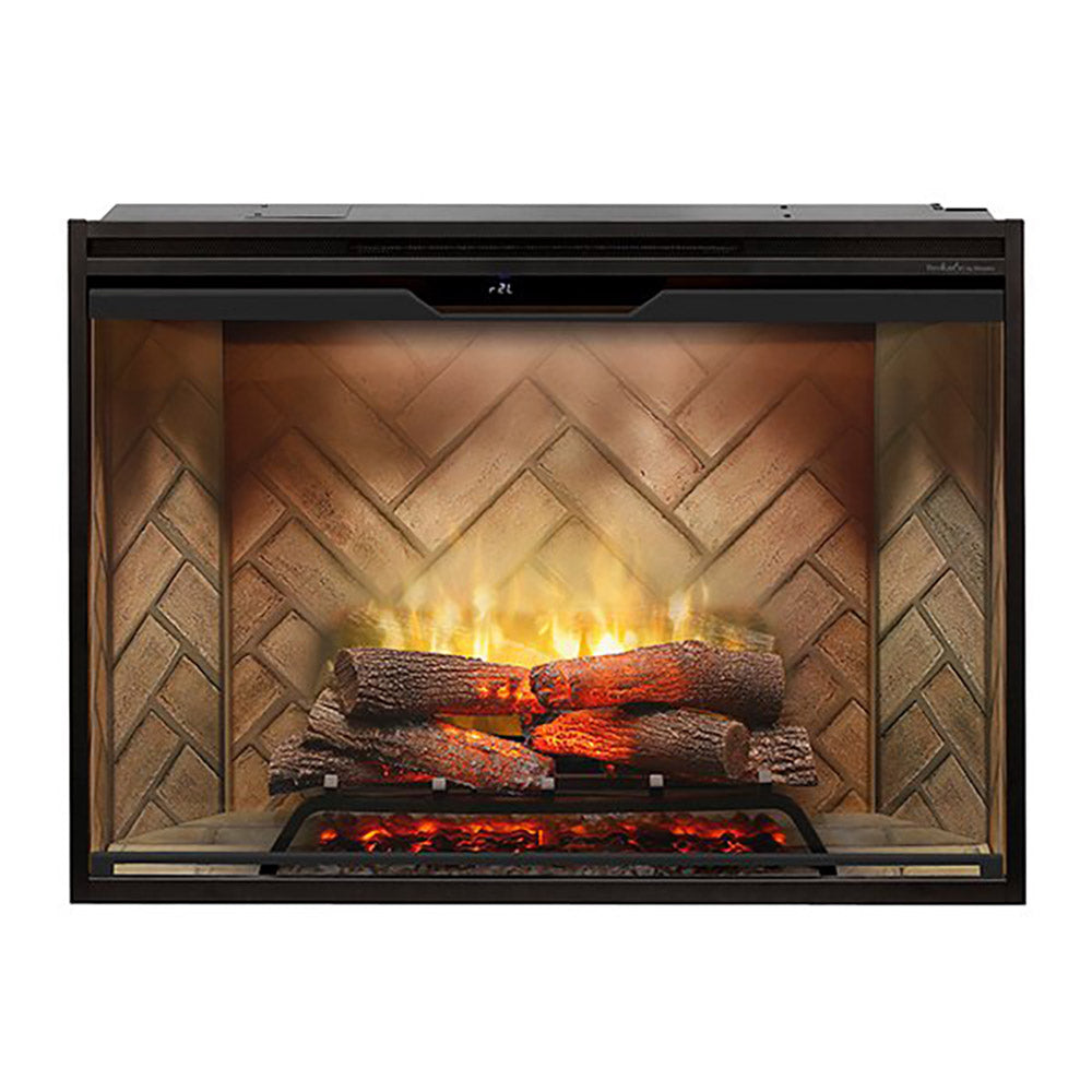 Electric fireplace with glass front, herringbone back panel, and glowing log-style flame effect