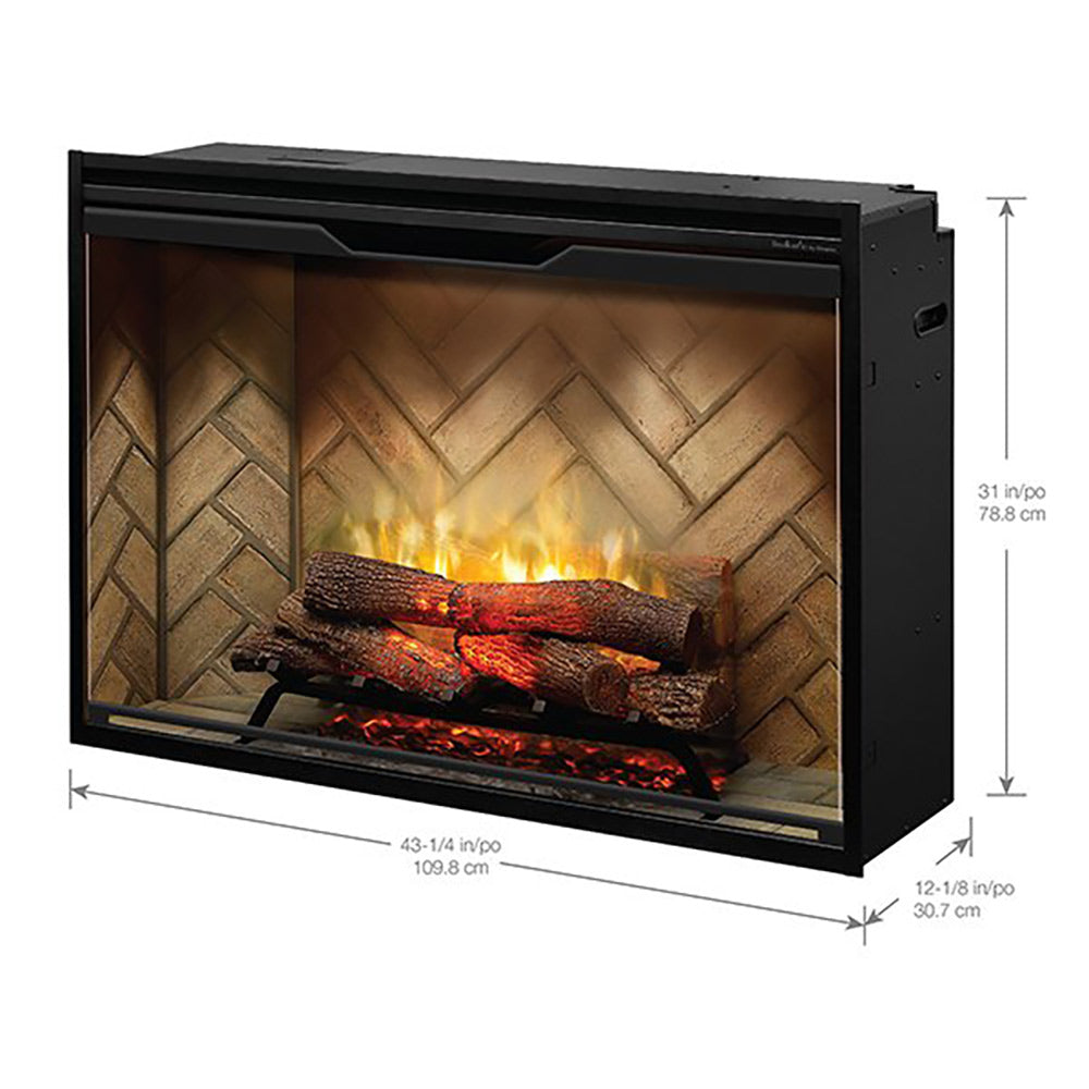 Electric fireplace unit with glass front and glowing log-style flame effect; side view with dimensions