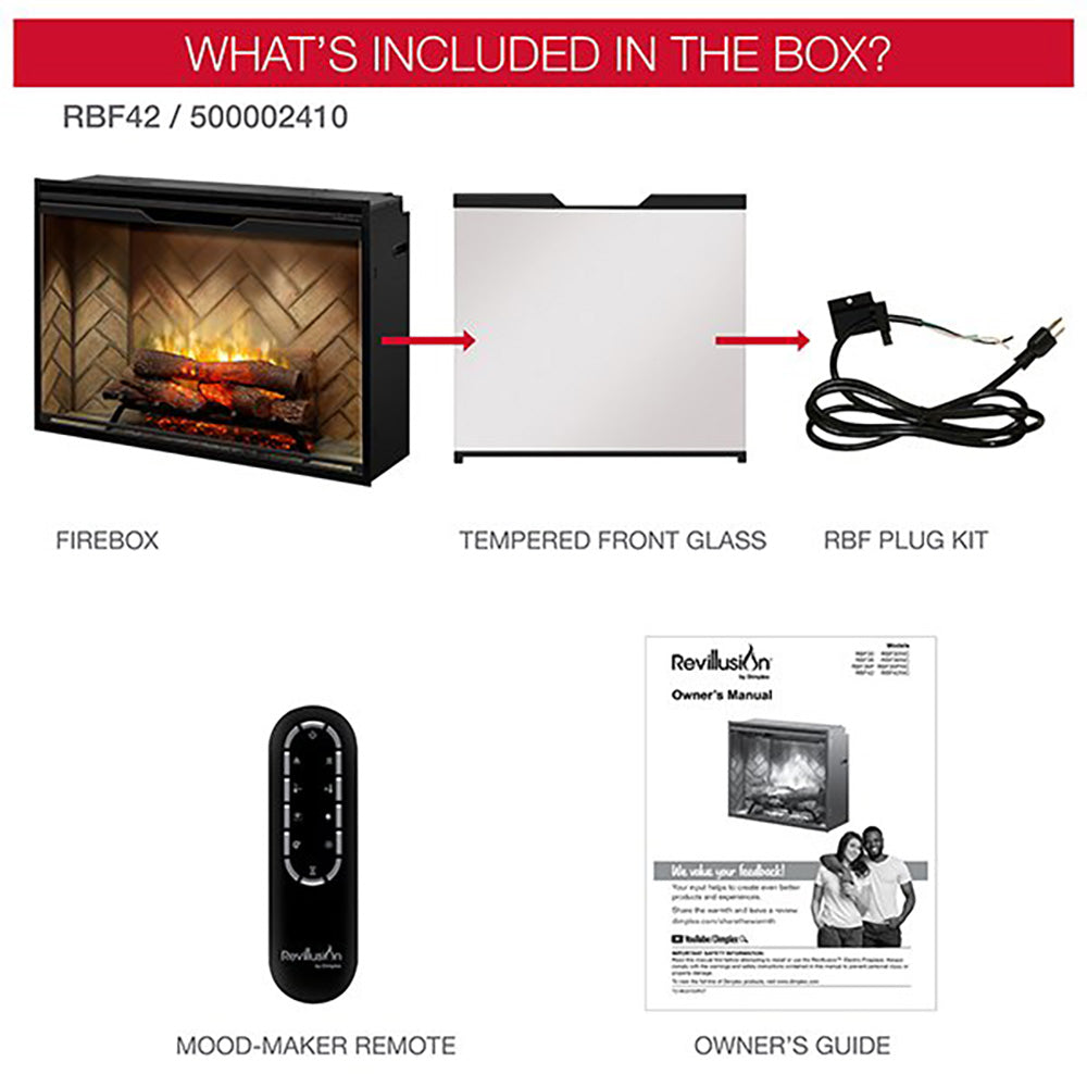 Dimplex Revillusion Electric Fireplace with Herringbone Backer, Front Glass Pane and Plug Kit, 42-Inches