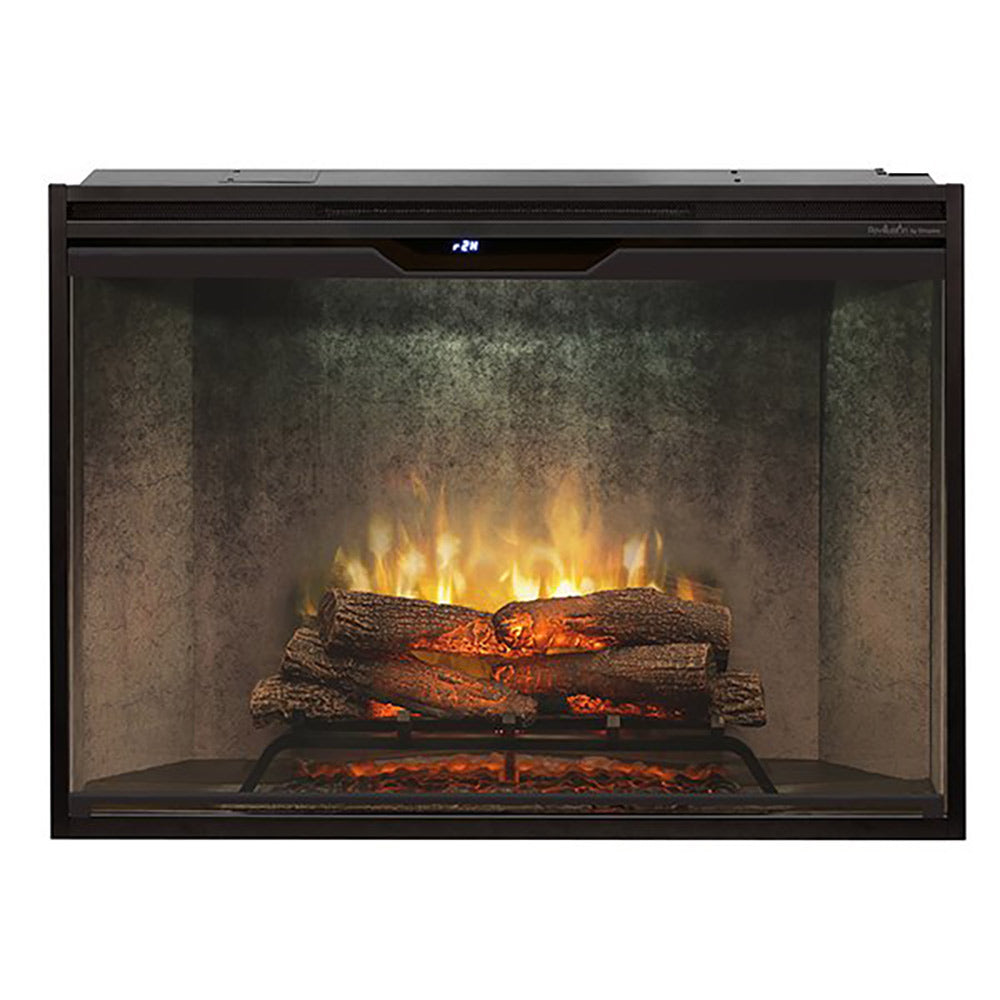 Electric fireplace insert with black frame and front glass, burning log set