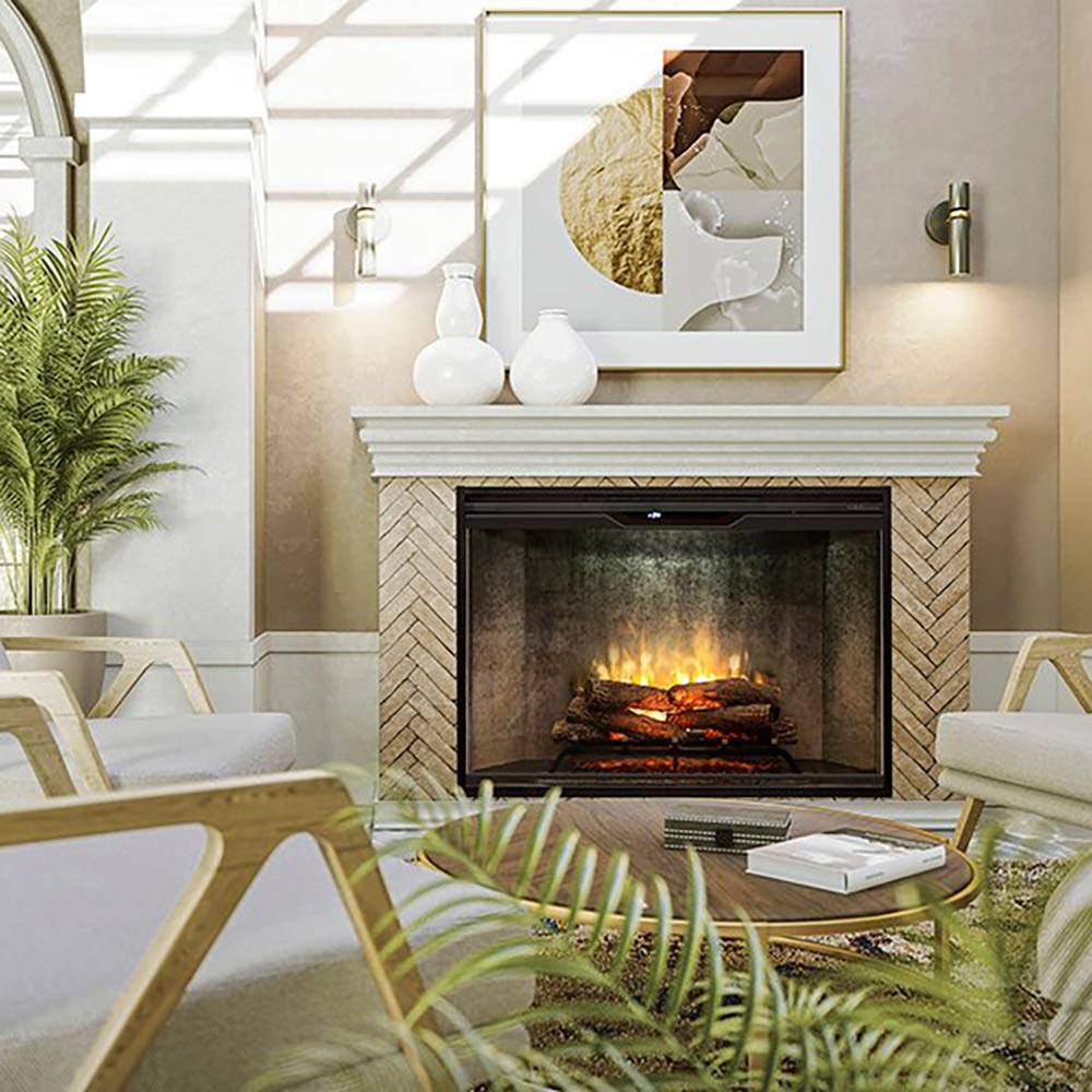Electric fireplace with black surround and glass front, glowing logs and embers
