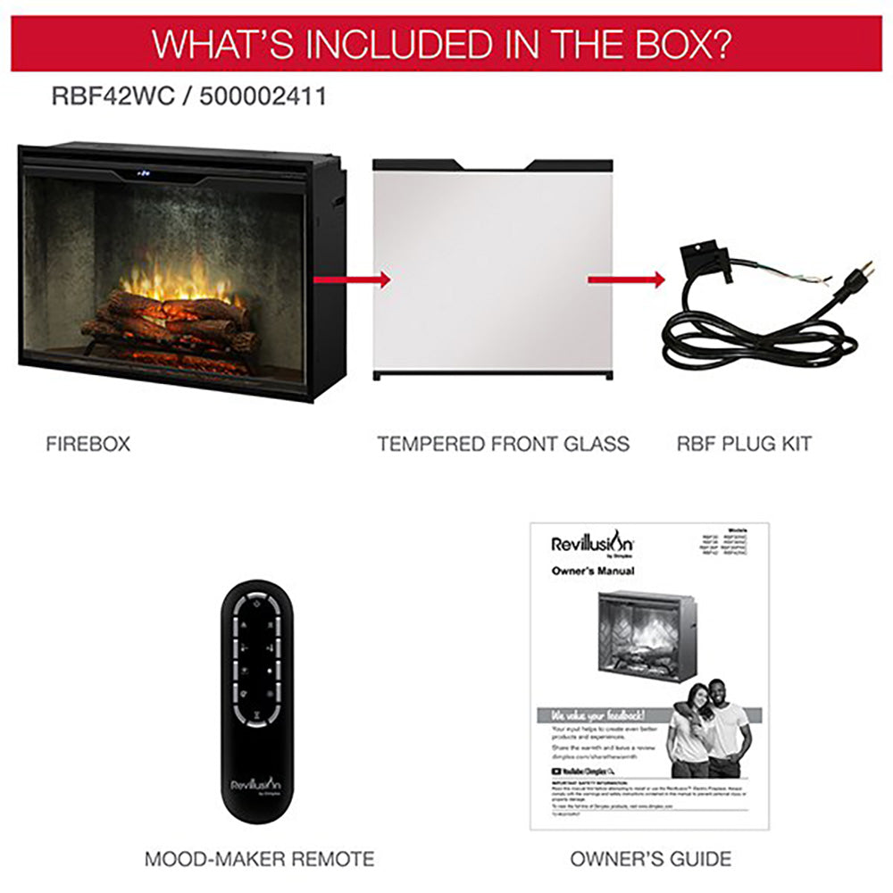 Electric fireplace package contents: fireplace, glass front, plug kit, remote, manual