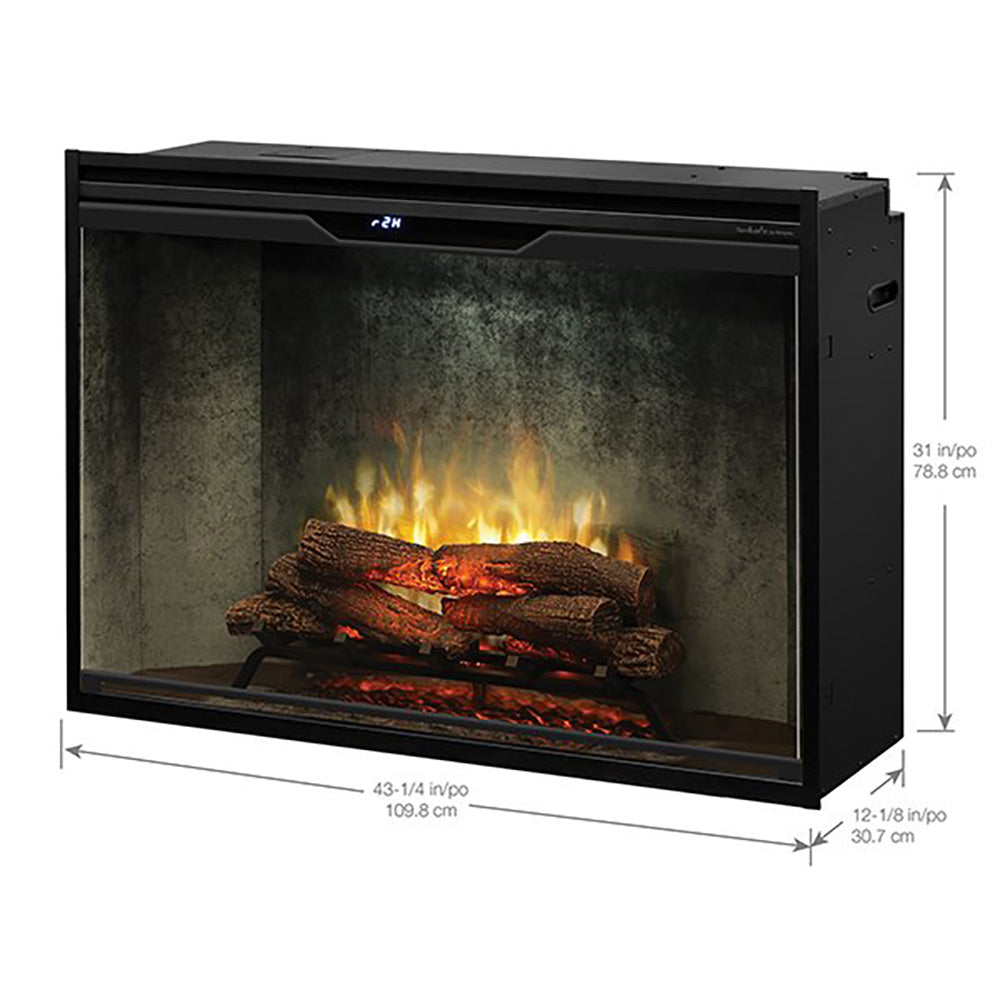 Electric fireplace insert with black frame and tempered glass front, burning logs