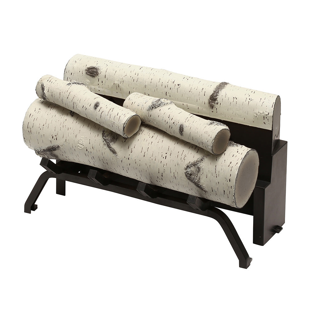 Electric fireplace insert with white log set on black metal grate