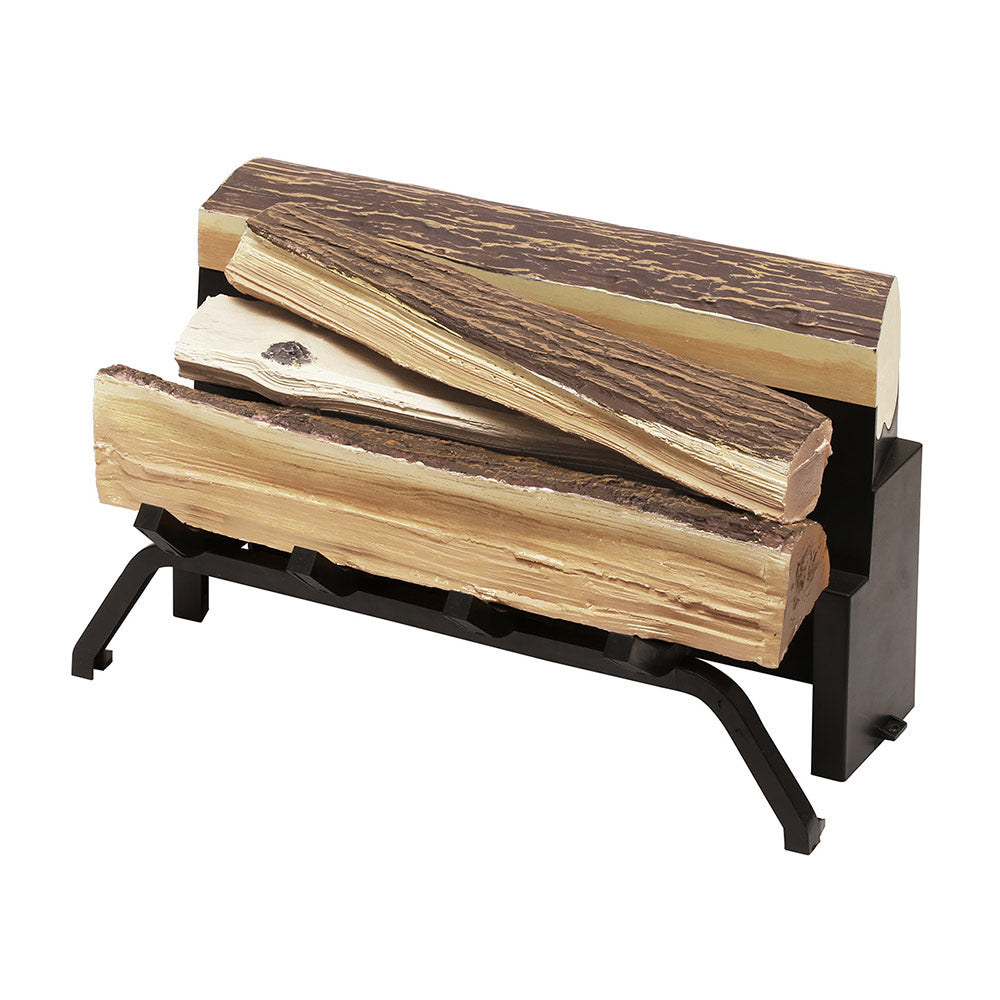 Faux cut log accessory set with stacked logs on black metal stand