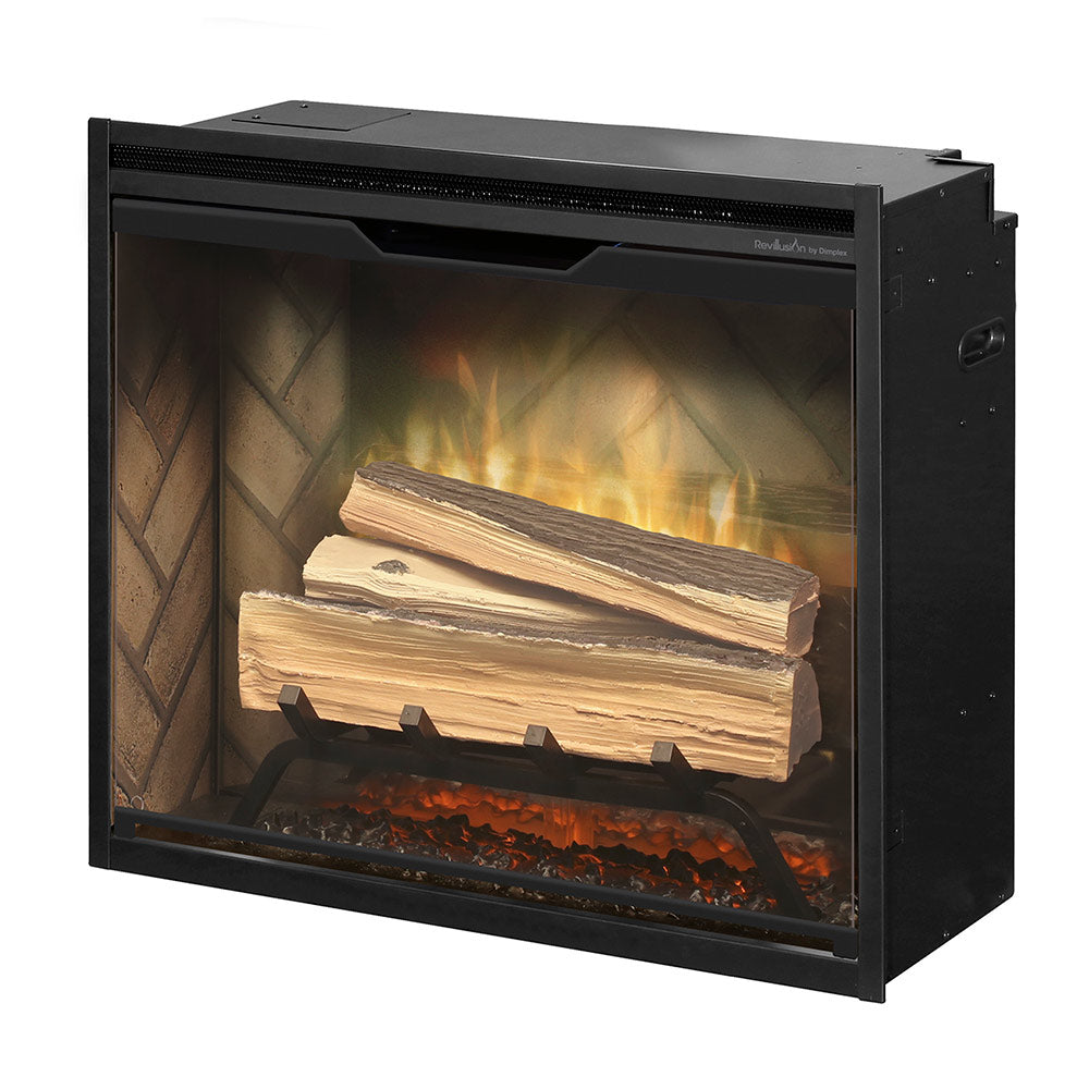 Faux log accessory set inside black electric firebox with glowing flame effect