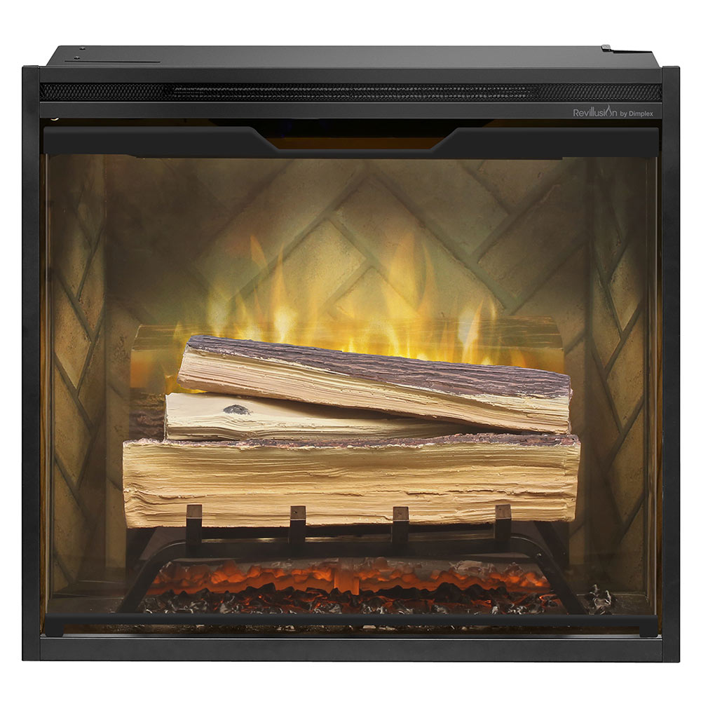 Stacked faux logs on grate inside black electric firebox with flame glow