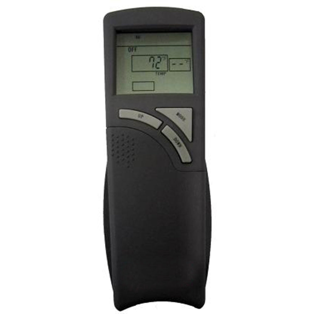 Fireplace remote control with LCD screen and on/off and thermostat buttons, black
