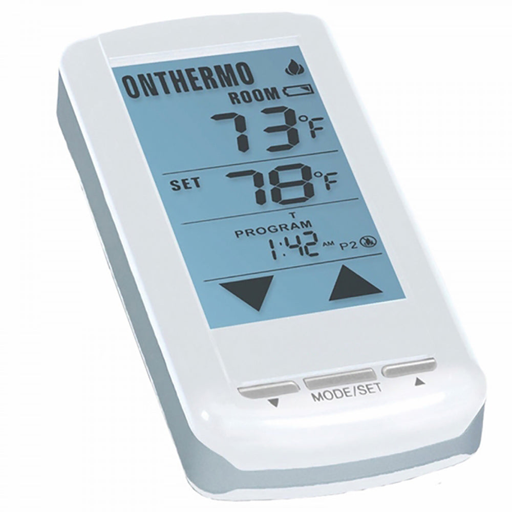 White touchscreen fireplace remote with LCD screen, thermostat controls, and buttons