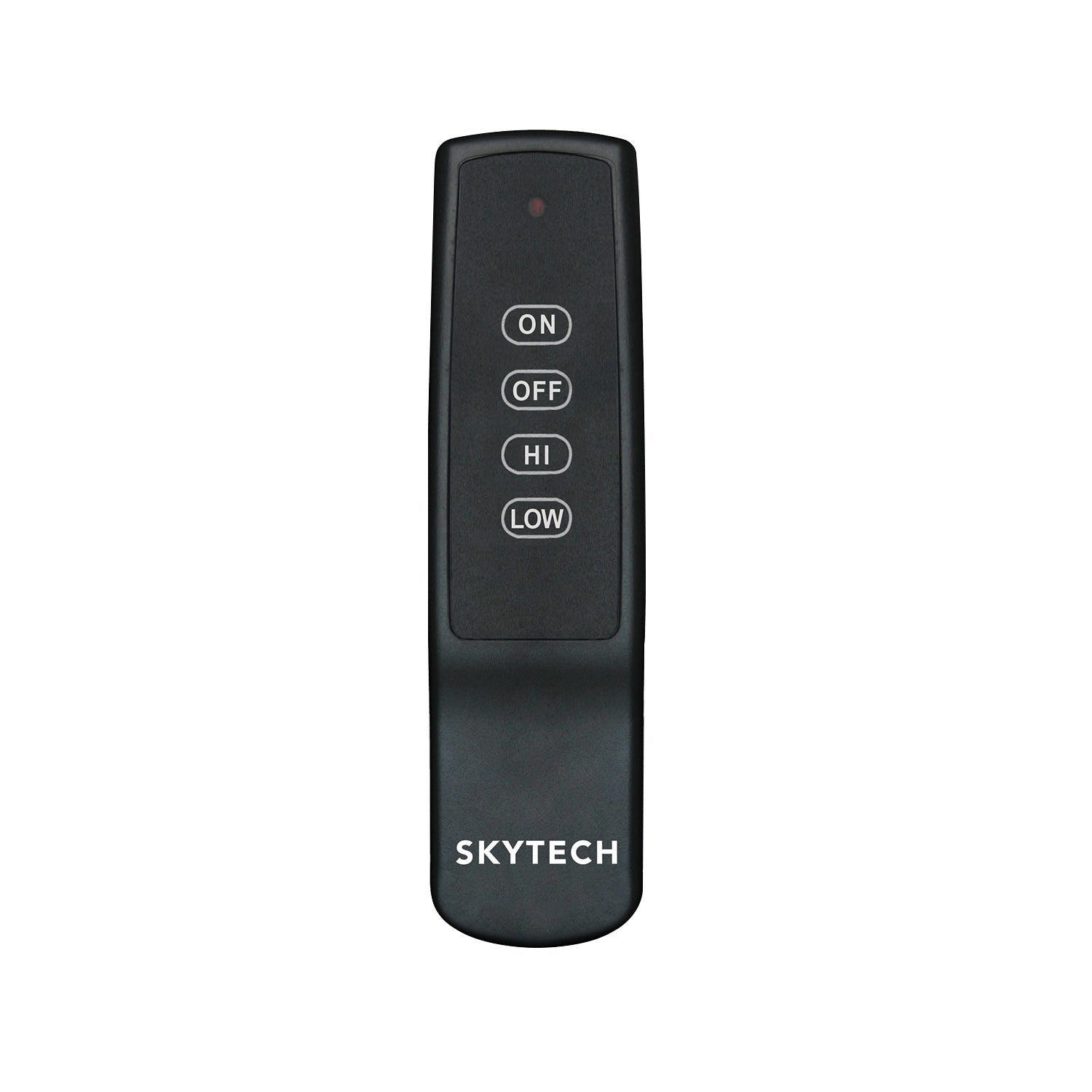 Black remote control with ON, OFF, HI and LOW buttons and SKYTECH logo
