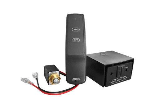 On/Off remote control kit: black remote with ON/OFF buttons, solenoid control box